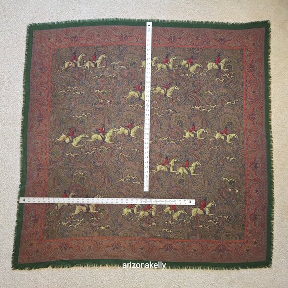 Vintage Ralph Lauren LARGE Wool Square Scarf Shawl Wrap Equestrian Hunting Dogs - Picture 2 of 16